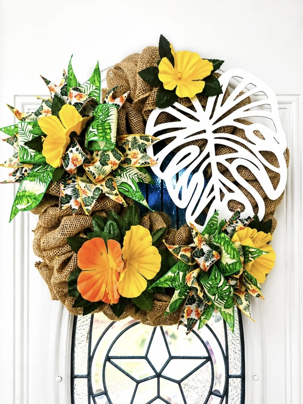 Handmade Tropical Summer Wreath Hibiscus & Monstera Front Door Decor